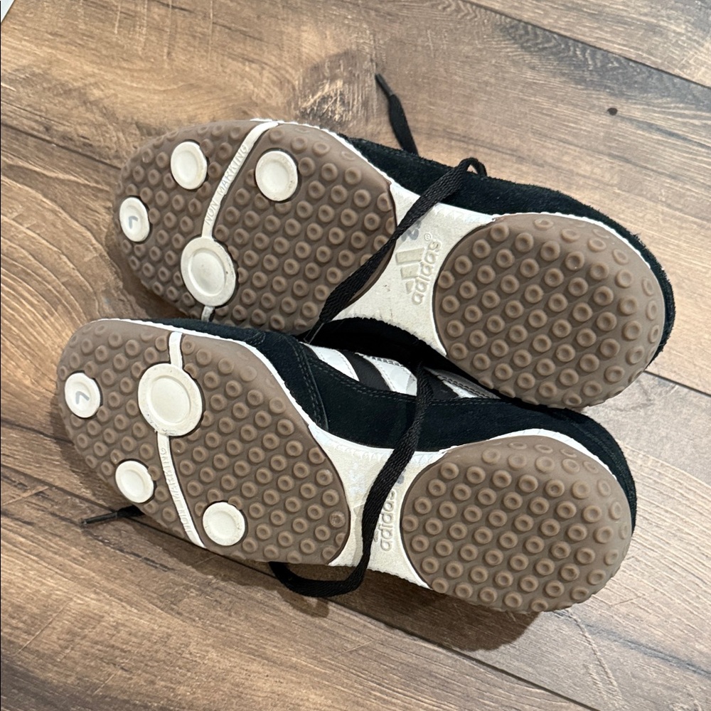 Adidas Black and White Athletic Shoes with Gold Accents - Picture 2 of 3
